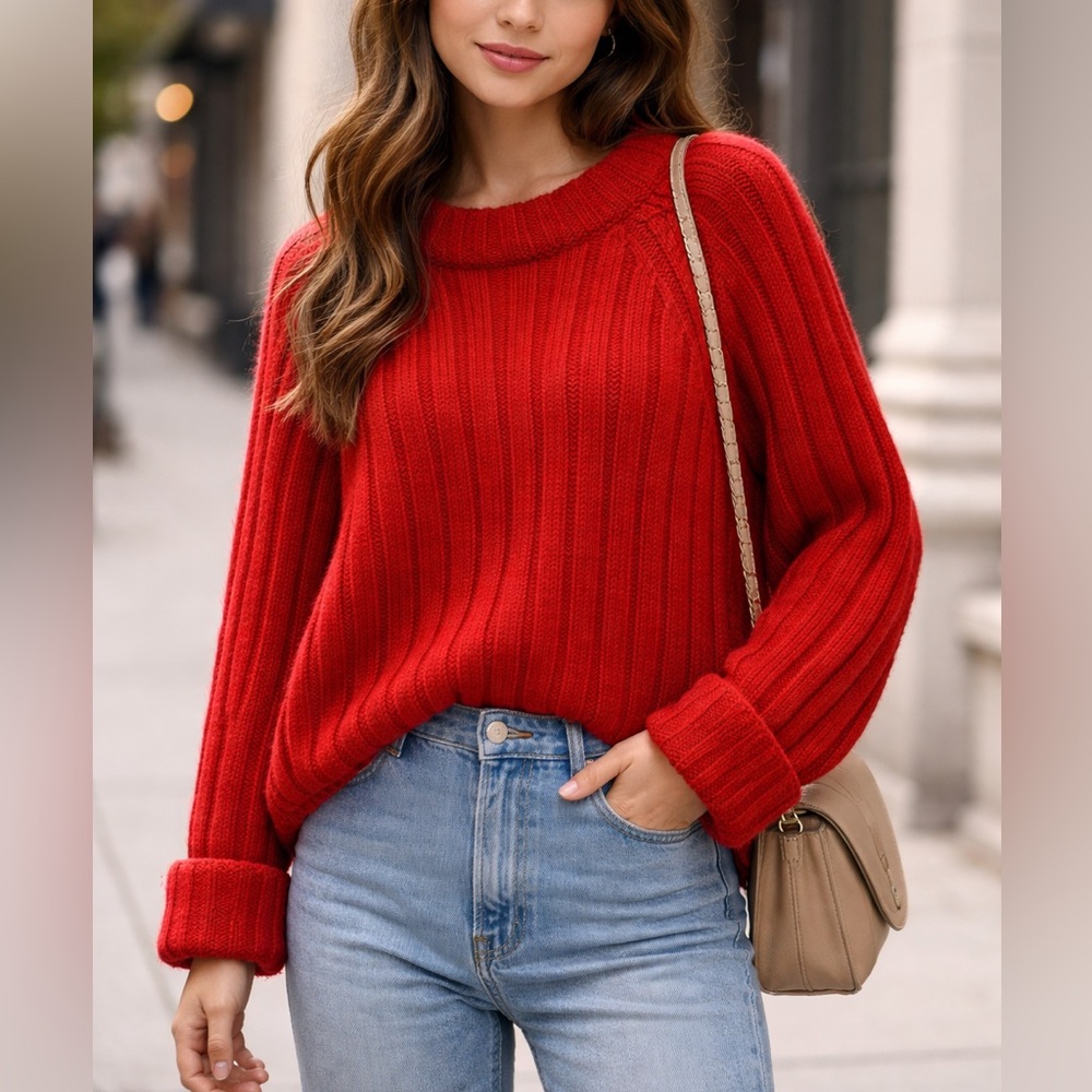 🌹Design History Vibrant Red Cable Knit Sweater